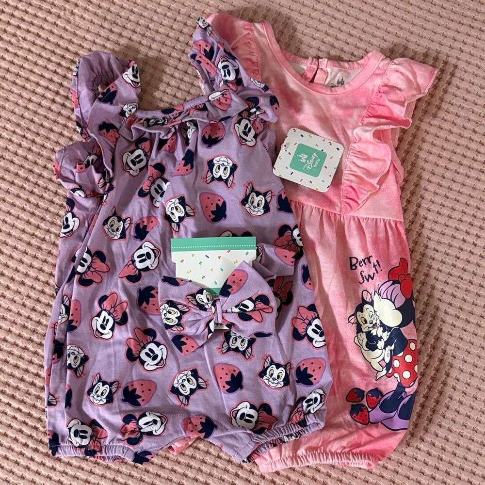MWT DISNEY Babies Disney Lavender and Pink Minnie Mouse Rompers so se 18 mo